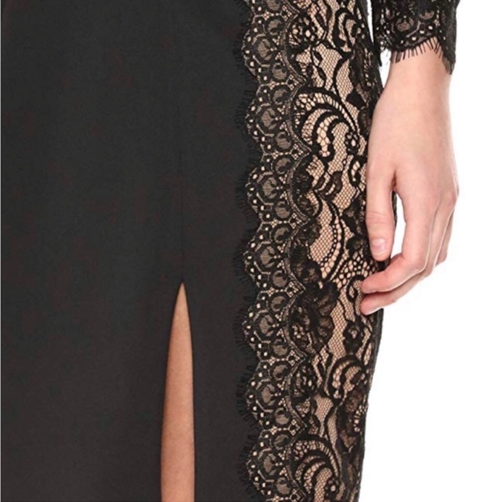 Tadashi Shoji Faux Wrap Lace Dress in Black/Nude - Picture 2 of 13